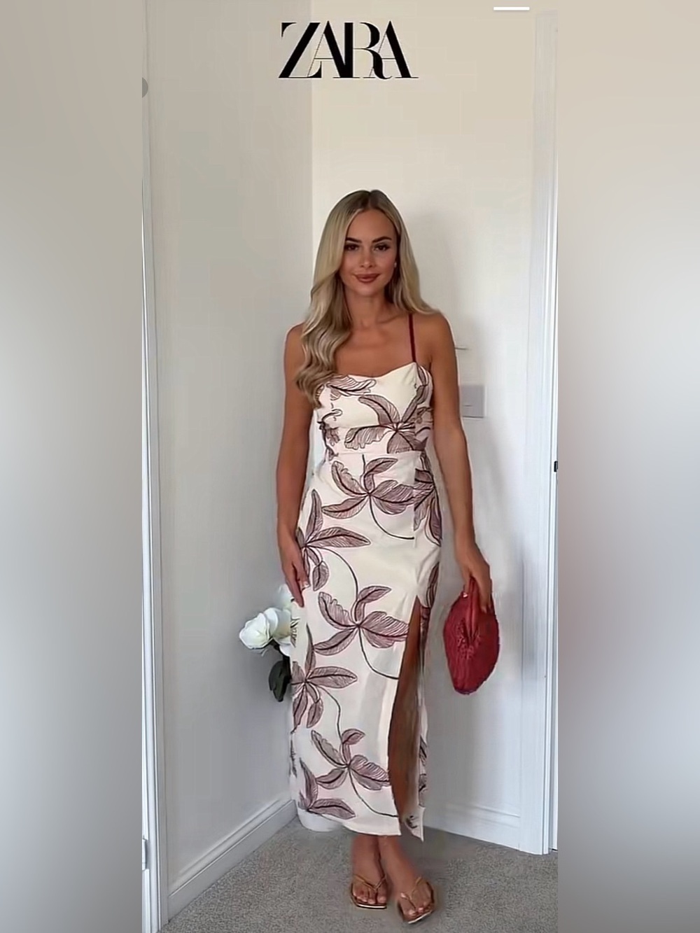 ZARA Cream Slip Midi Dress with Mauve Leaf Print